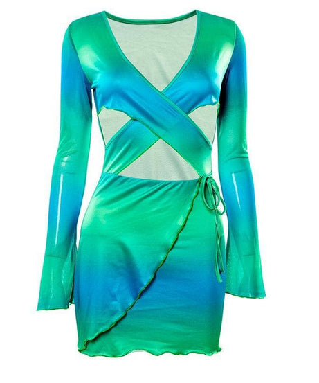 Electric Ombre Cutout Mini Dress - Long Sleeve Tie-Side Bodycon for Fall Nights