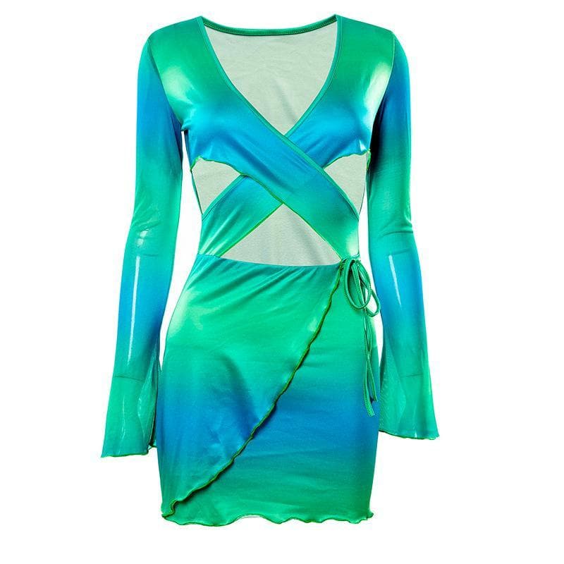 Electric Ombre Cutout Mini Dress - Long Sleeve Tie-Side Bodycon for Fall Nights
