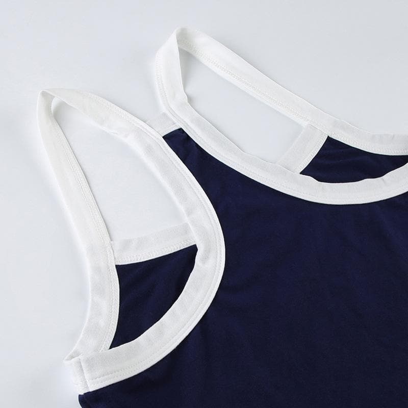 Cozy Chic Navy Racerback Crop Top with 'R' Logo - Fall Athleisure & Layering Essential