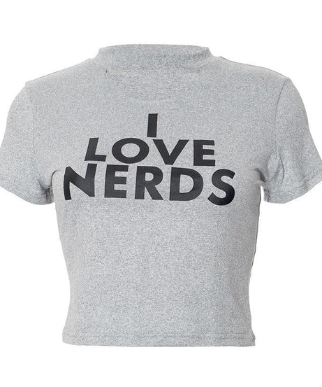 I Love Nerds Graphic Mock Neck Crop Top – Comfy Fall Style & Geek Chic Essential