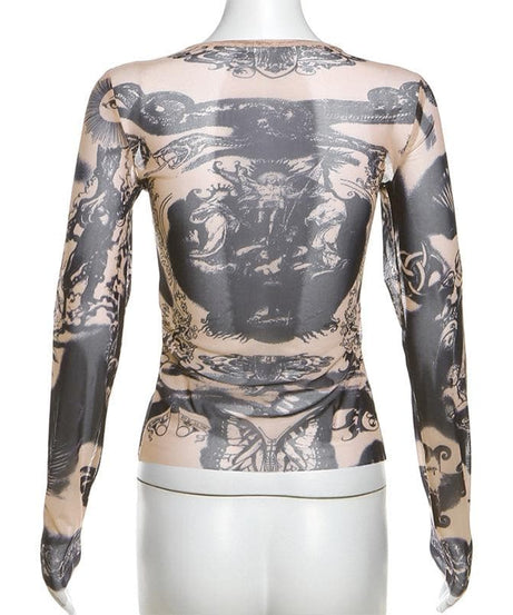 Dark Romance Graphic Sheer Mesh Long Sleeve Top | Tattoo-Inspired Fall '25 Edgy Chic