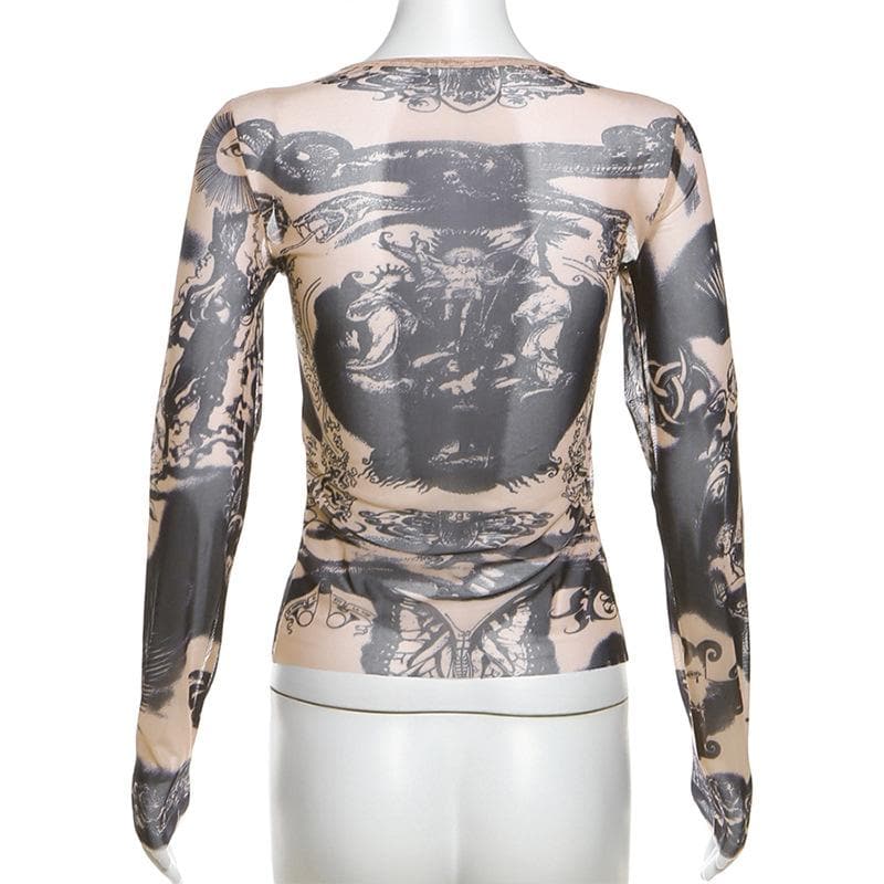 Dark Romance Graphic Sheer Mesh Long Sleeve Top | Tattoo-Inspired Fall '25 Edgy Chic
