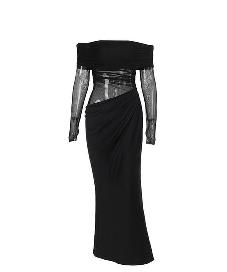 Alluring Black Mesh Off-Shoulder Maxi Dress - Ruched Evening Gown for Fall & Holiday Parties