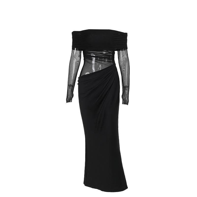 Alluring Black Mesh Off-Shoulder Maxi Dress - Ruched Evening Gown for Fall & Holiday Parties