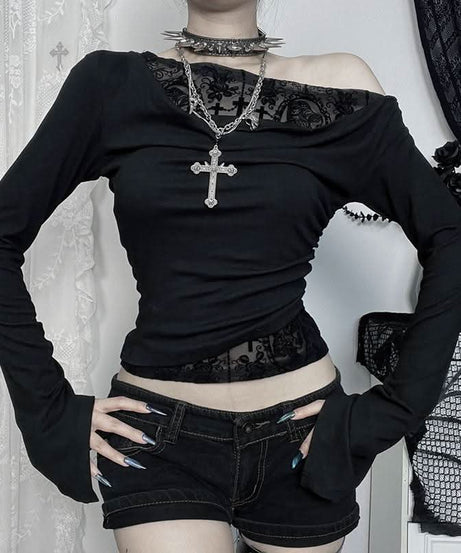 Fall Nights Edgy Chic: Black Lace & Mesh Off-Shoulder Long Sleeve Top for Women