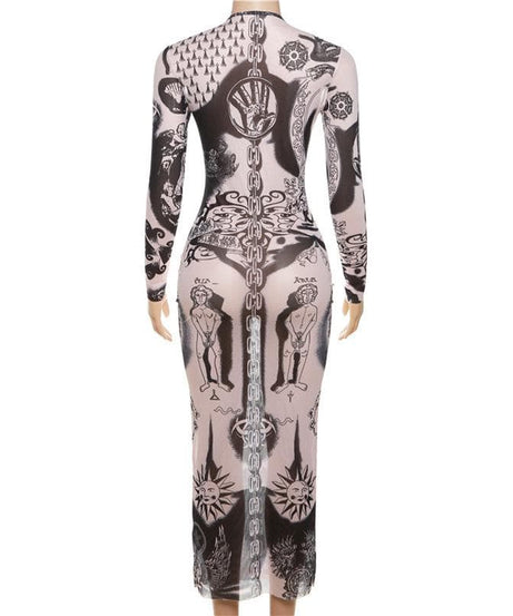 Unleash Your Edge: Mystical Art Print Sheer Mesh Maxi Dress - Fall & Halloween Ready