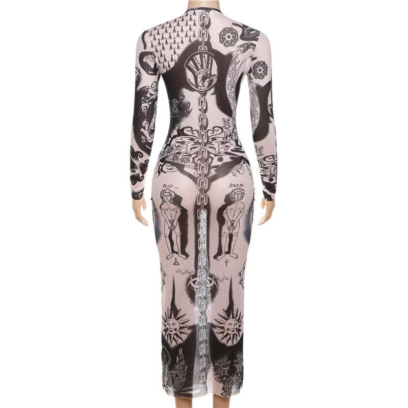 Unleash Your Edge: Mystical Art Print Sheer Mesh Maxi Dress - Fall & Halloween Ready