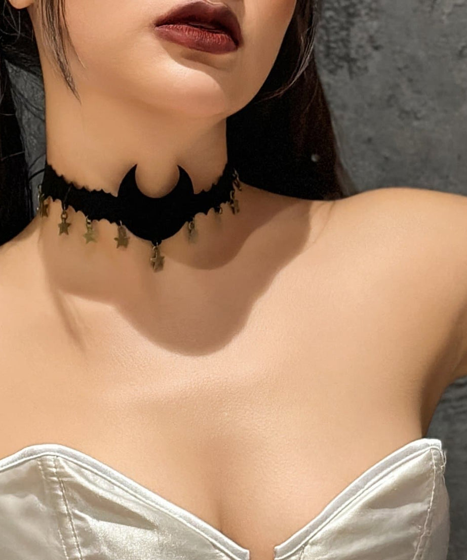 Enchanting Gothic Celestial Velvet Moon & Stars Choker Necklace - Halloween & Fall Fashion Must-Have
