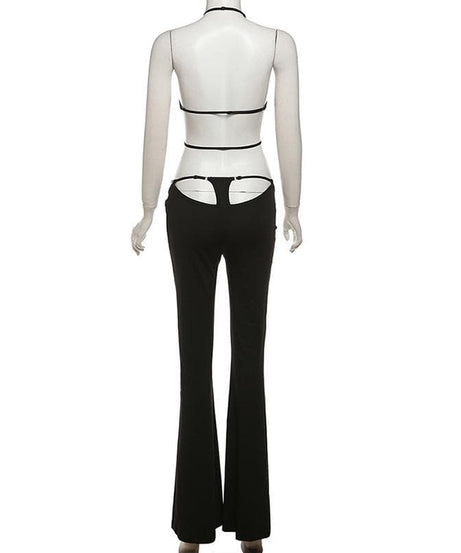 Electrify Your Fall Nights: Daring Cut-Out Halter Crop & Flared Pant Set – Perfect for Halloween & Parties