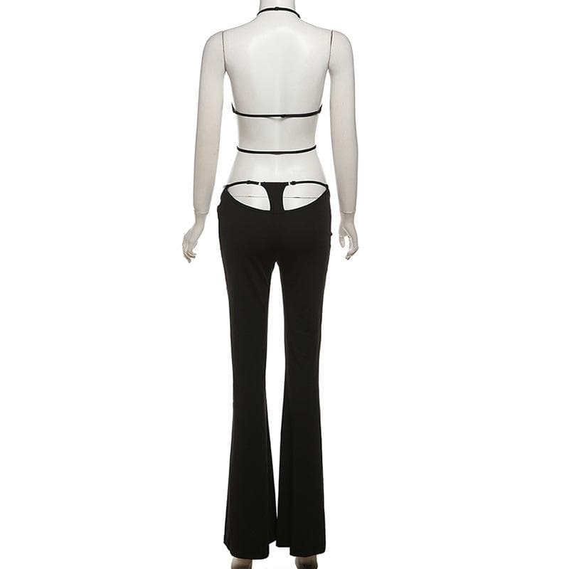 Electrify Your Fall Nights: Daring Cut-Out Halter Crop & Flared Pant Set – Perfect for Halloween & Parties