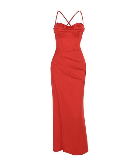 Radiant Red Corset Maxi Dress - Elegant Cowl Neck & High Slit for Holiday Galas