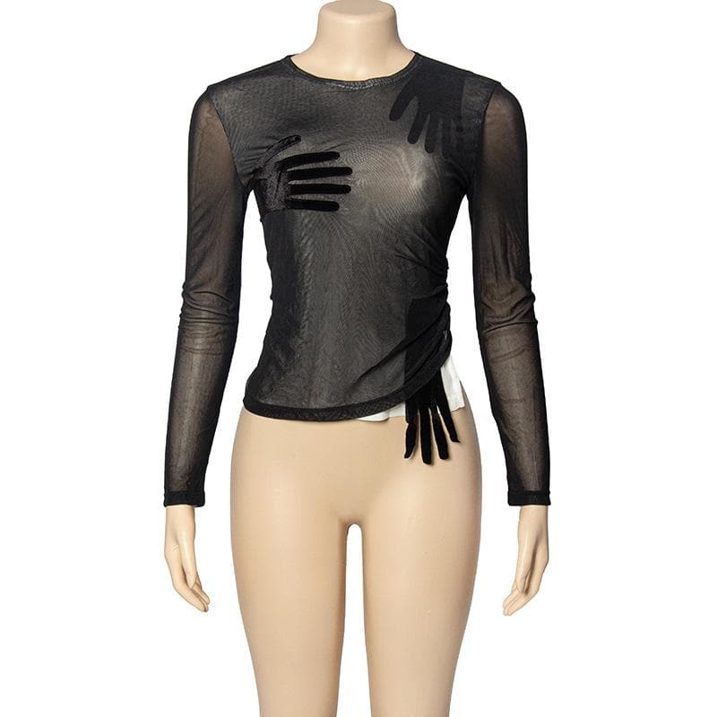 Mysterious Embrace Sheer Mesh Long Sleeve Top - Edgy Fall Fashion for Women