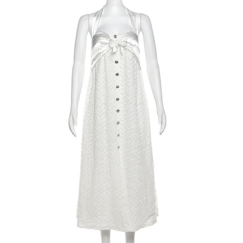 Dreamy White Halter Midi Dress with Satin Bow & Textured Floral – Your Vacation & Spring/Summer Escape