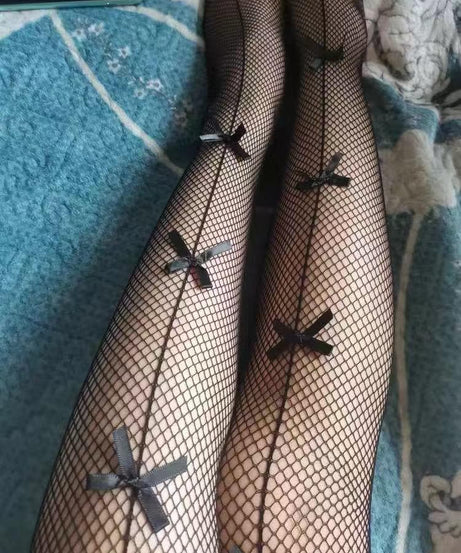 Elegant Edge: Bowknot Back Seam Fishnet Tights - Perfect for Fall & Halloween Chic