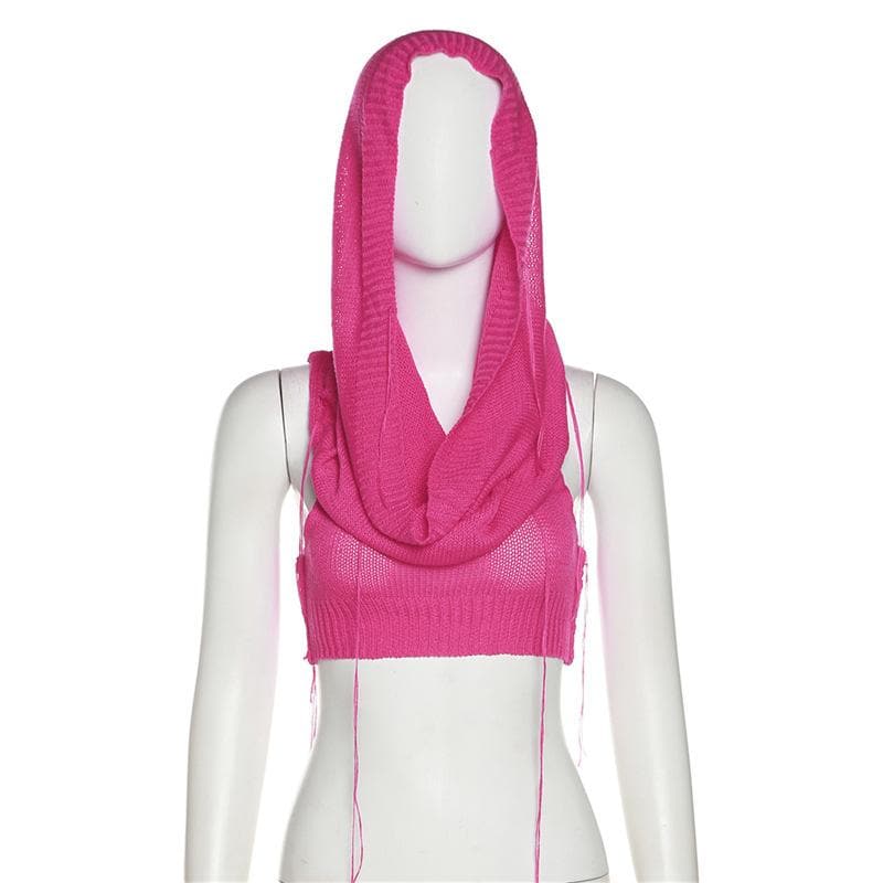Edgy Knit Sleeveless Hooded Crop Top for Fall – Chic Streetwear Essential