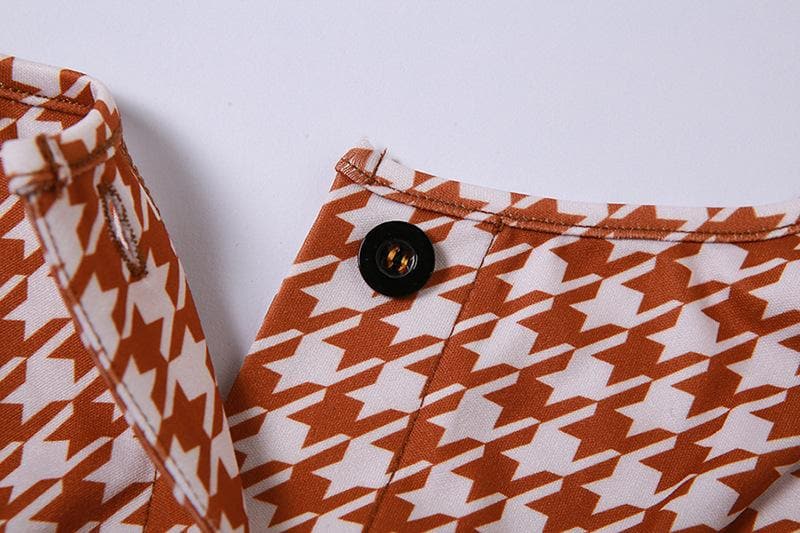 Fall Chic Houndstooth Halter Crop Top | Trendy Long Sleeve Cold Shoulder Blouse