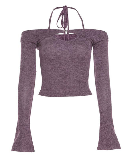 Effortless Fall Style: Halter Off-Shoulder Knit Top | Layered Look Bell Sleeve Sweater