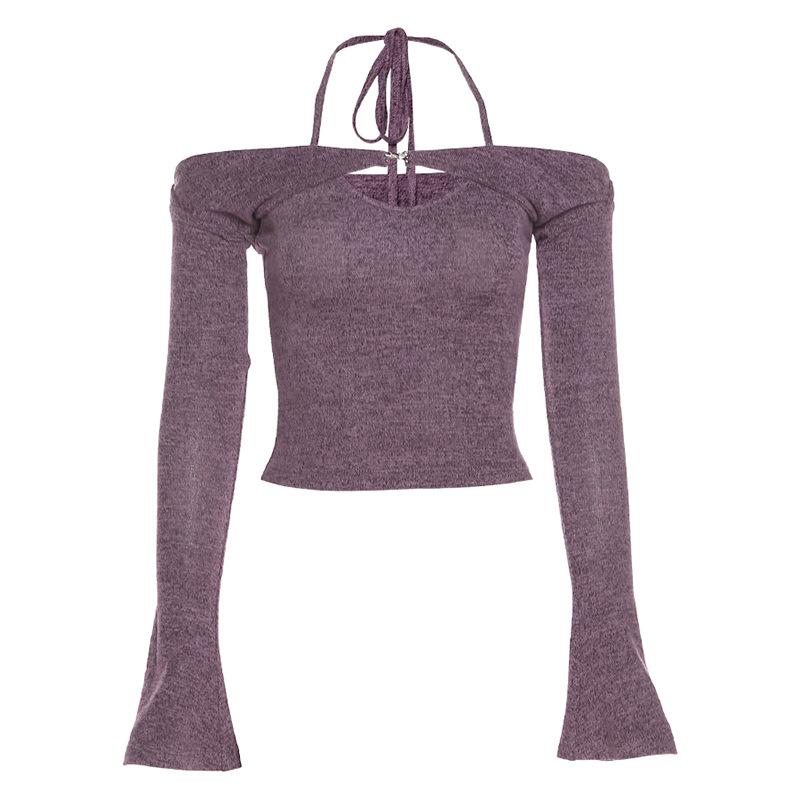 Effortless Fall Style: Halter Off-Shoulder Knit Top | Layered Look Bell Sleeve Sweater