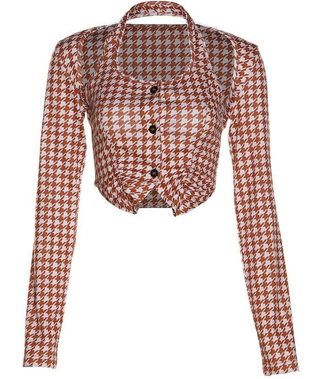 Fall Chic Houndstooth Halter Crop Top | Trendy Long Sleeve Cold Shoulder Blouse