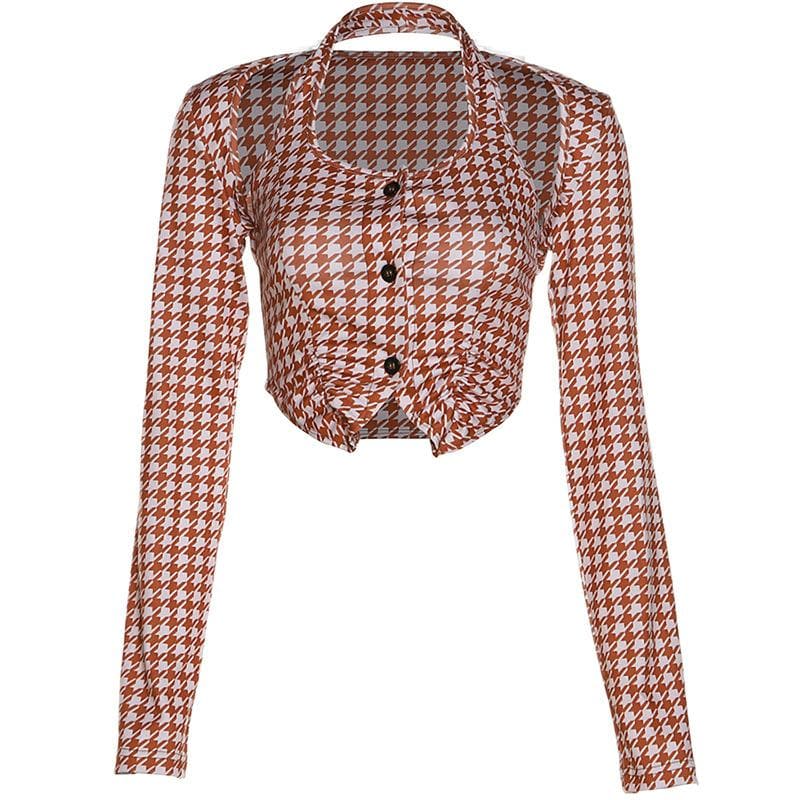 Fall Chic Houndstooth Halter Crop Top | Trendy Long Sleeve Cold Shoulder Blouse