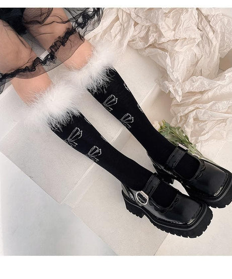 Coquette Feather Bow Knee High Socks - Cozy Faux Fur for Fall & Halloween Fun!