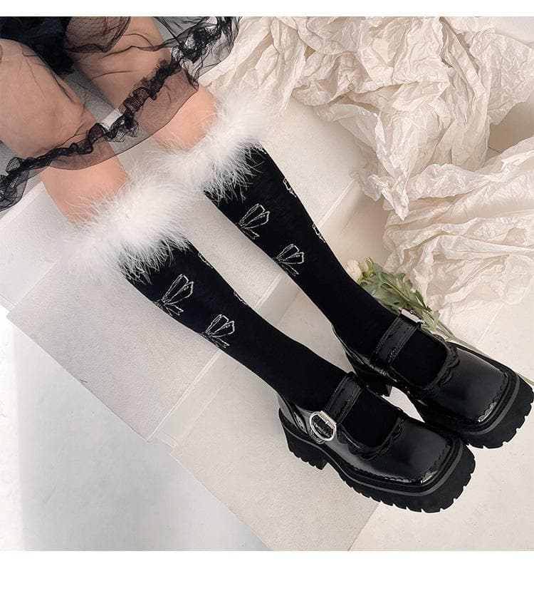Coquette Feather Bow Knee High Socks - Cozy Faux Fur for Fall & Halloween Fun!