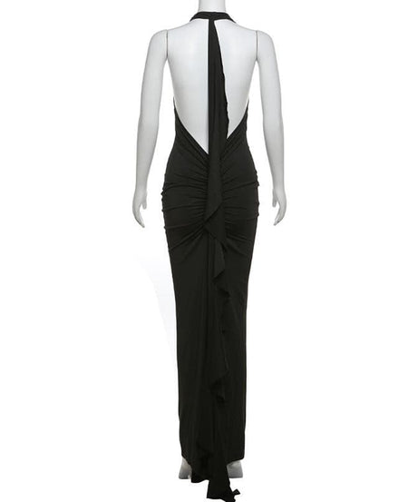 The Scarlet Rose Halter Maxi Dress: Backless Ruched Gown for Holiday Glamour & Fall Galas