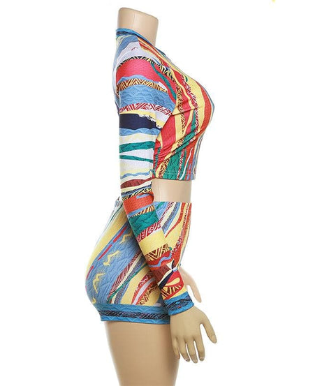 Vibrant Coogi-Inspired Long Sleeve Crop Top & Shorts Set - Chic Fall Loungewear for Women