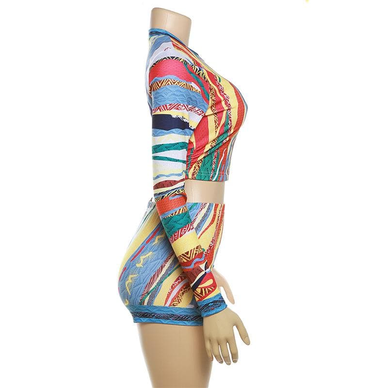 Vibrant Coogi-Inspired Long Sleeve Crop Top & Shorts Set - Chic Fall Loungewear for Women
