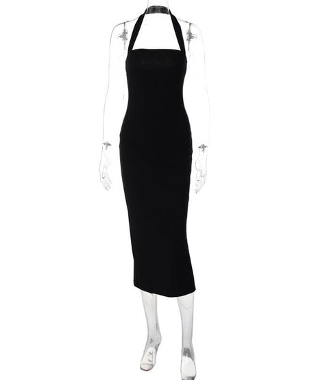 Sleek & Sophisticated Black Halter Midi Bodycon Dress | Your Go-To for Fall & Holiday Parties