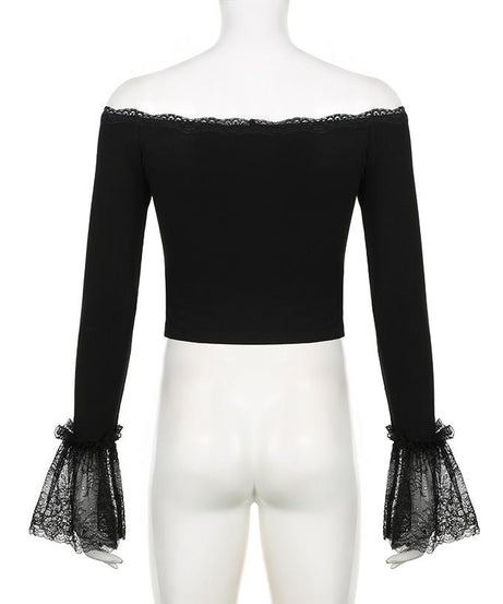 Chic Black Lace Off-Shoulder Crop Top | Bell Sleeves for Fall & Halloween