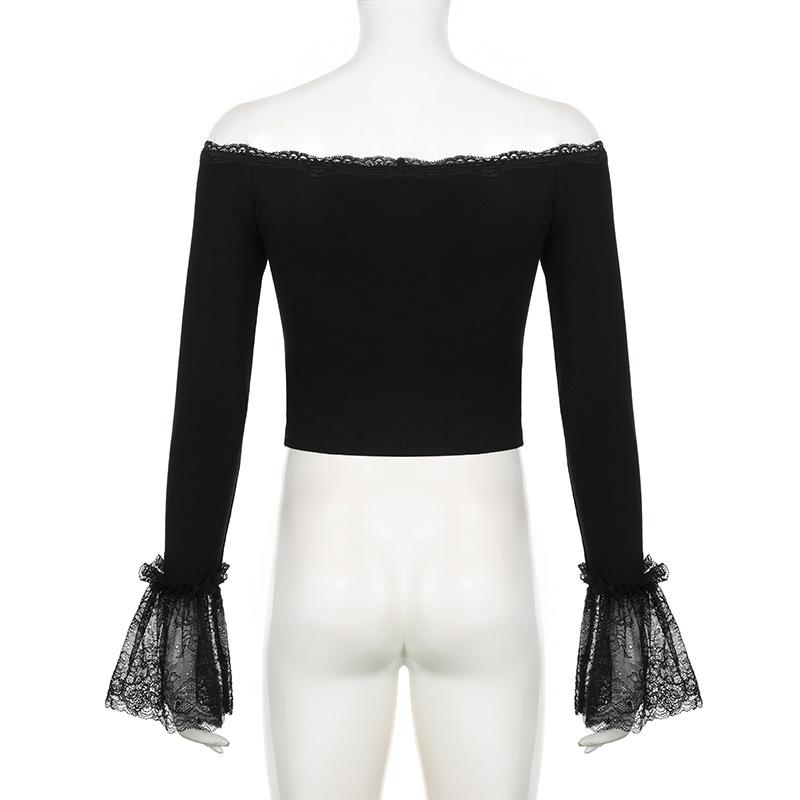 Chic Black Lace Off-Shoulder Crop Top | Bell Sleeves for Fall & Halloween
