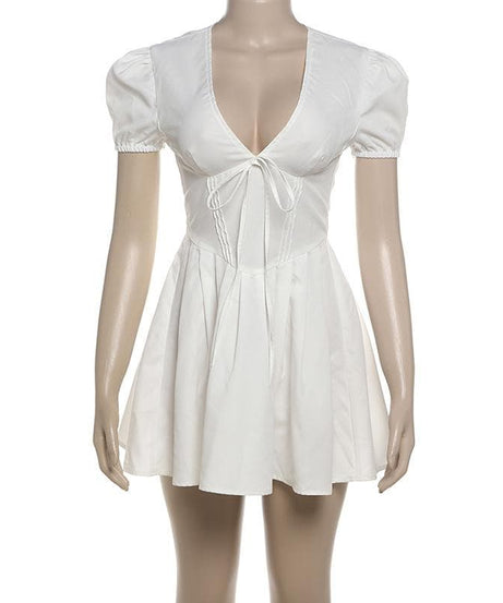 Coquette Fall Vibe: White Puff Sleeve Mini Dress with Sweetheart Tie-Front