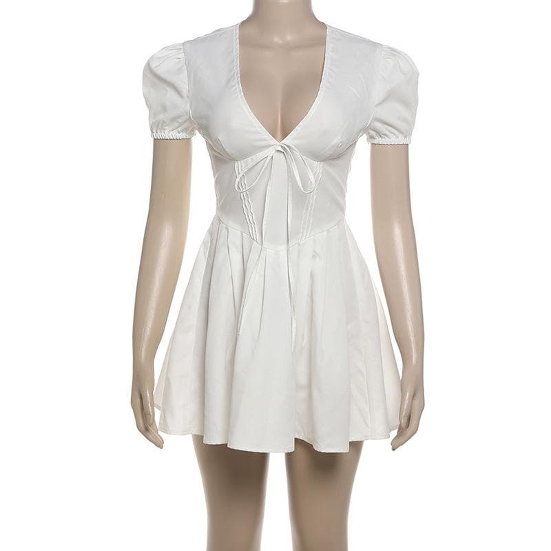 Coquette Fall Vibe: White Puff Sleeve Mini Dress with Sweetheart Tie-Front