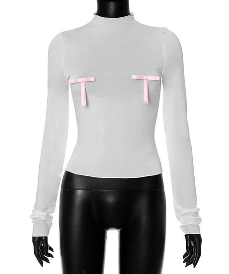 Flirty Coquette Pink Bow Sheer Mesh Mock Neck Top - Fall Layering & Party Essential