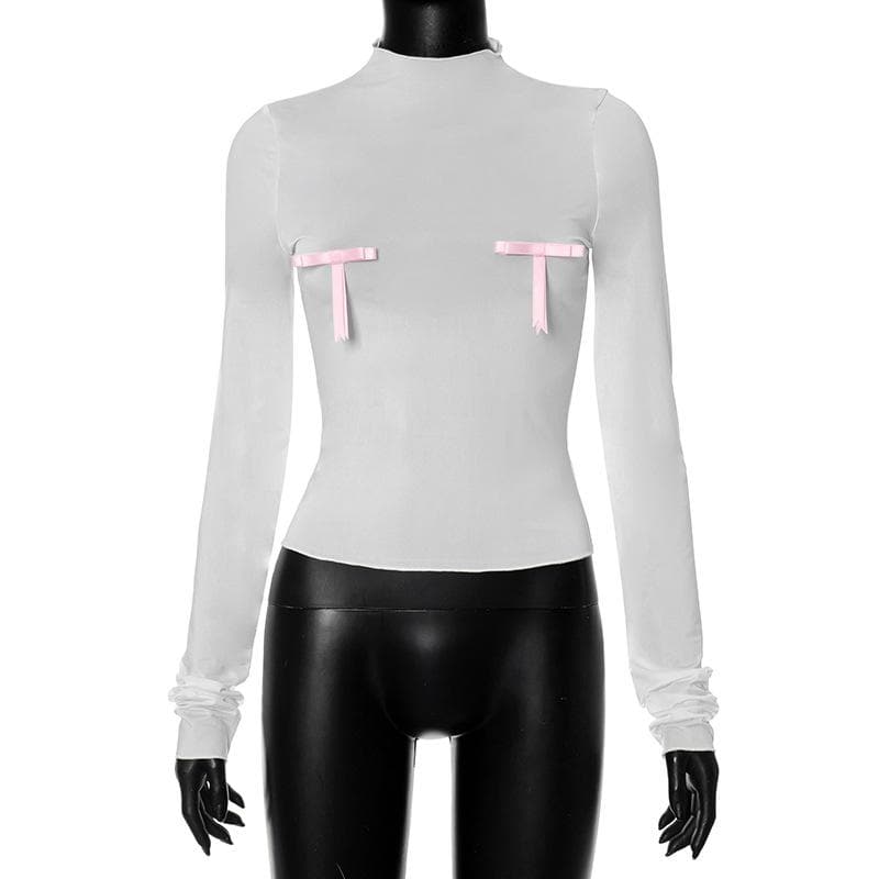 Flirty Coquette Pink Bow Sheer Mesh Mock Neck Top - Fall Layering & Party Essential