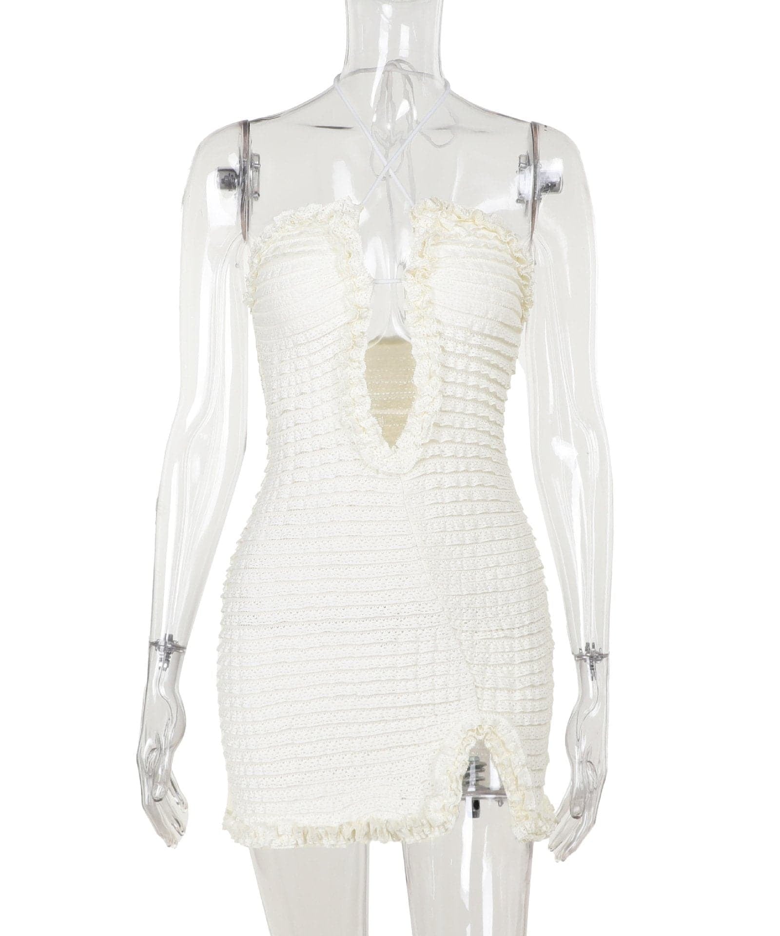Chic White Ruffle Halter Mini Dress – Textured Bodycon for Fall Getaways & Parties