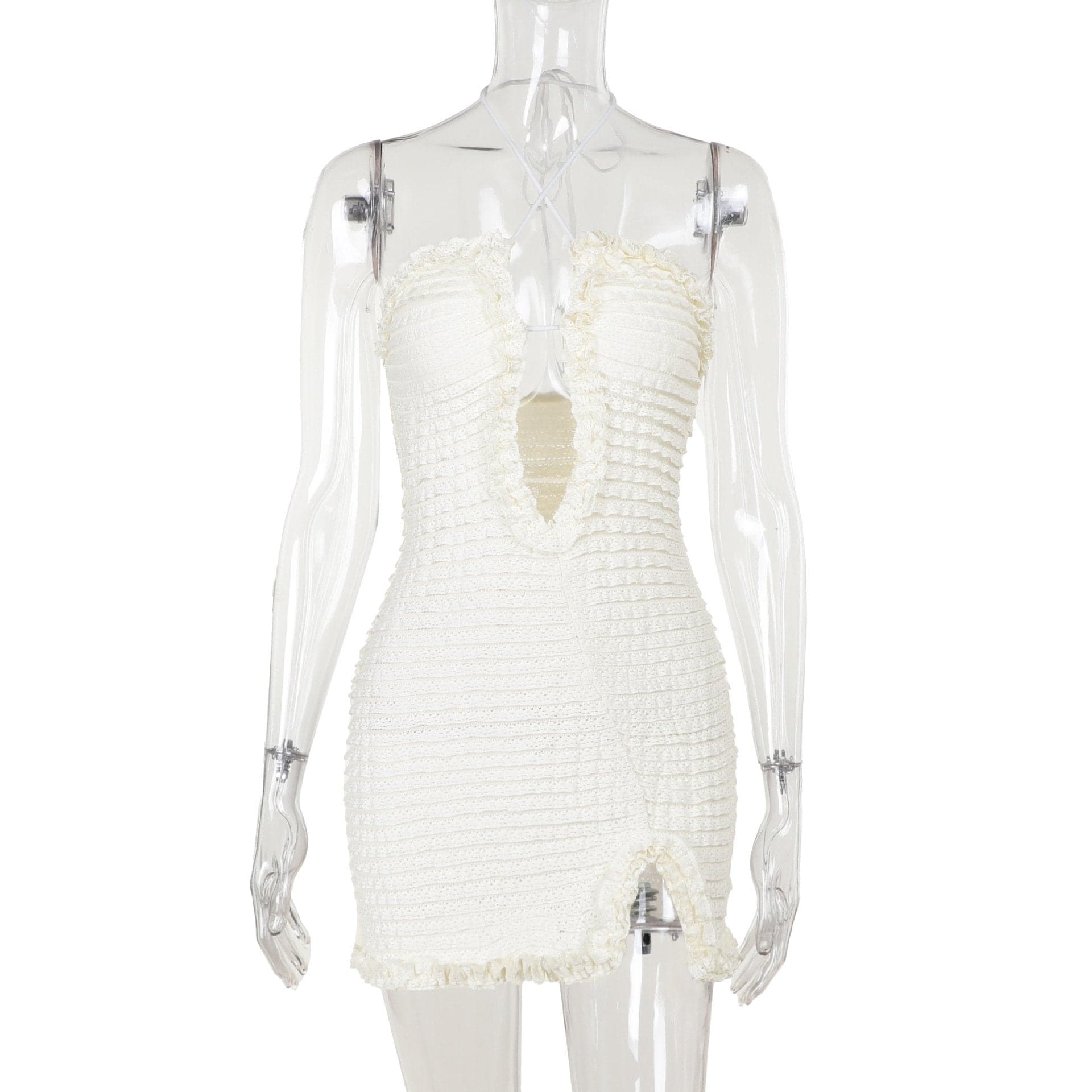Chic White Ruffle Halter Mini Dress – Textured Bodycon for Fall Getaways & Parties