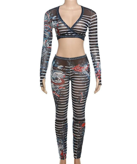 Fierce Dragon Tattoo Illusion Mesh Two-Piece Set - Your Ultimate Fall Party & Halloween Vibe!