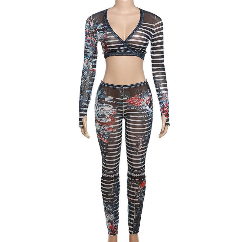Fierce Dragon Tattoo Illusion Mesh Two-Piece Set - Your Ultimate Fall Party & Halloween Vibe!