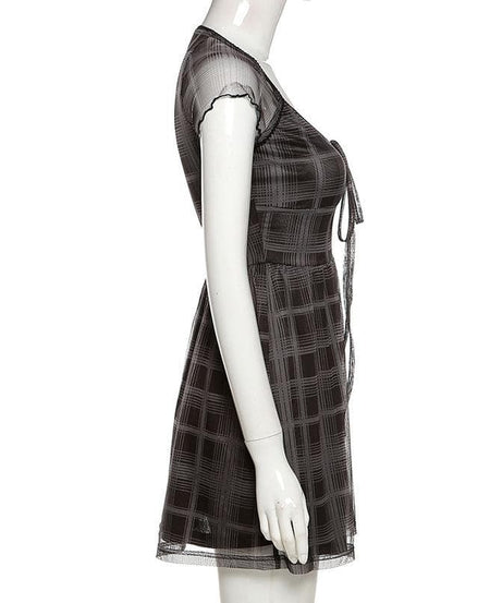 Chic Blue Plaid Mesh Mini Dress - Y2K Babydoll Style for Fall
