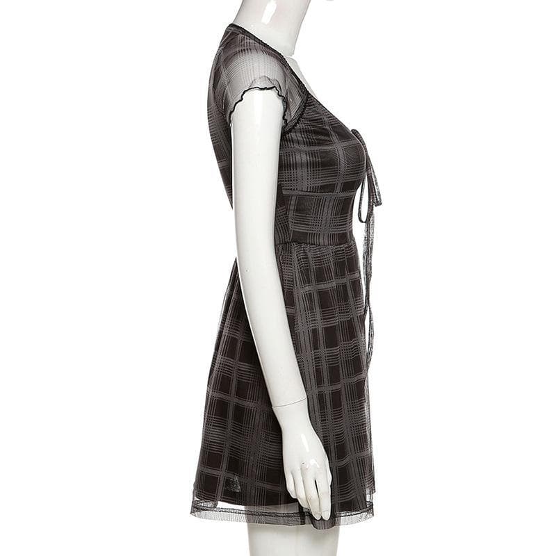 Chic Blue Plaid Mesh Mini Dress - Y2K Babydoll Style for Fall