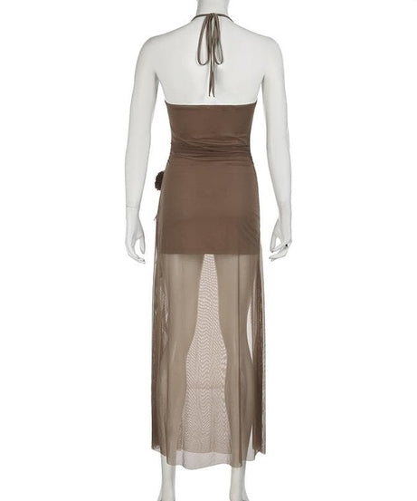 Autumn Ember Halter Mesh Maxi Dress | Sheer Slit Gown with Ruched Detail