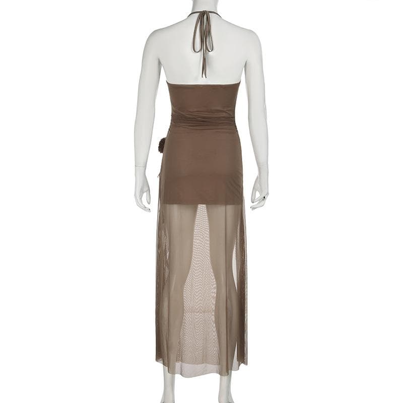 Autumn Ember Halter Mesh Maxi Dress | Sheer Slit Gown with Ruched Detail