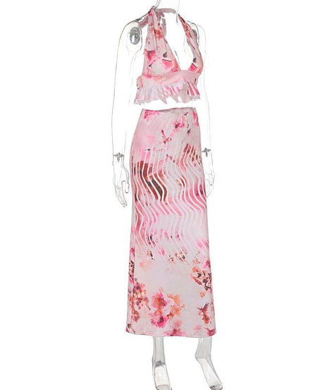 Effortless Chic Pink Floral Halter Crop Top & Maxi Skirt Set - Resort Ready Deep V Ruffle Co-ord for Tropical Getaways