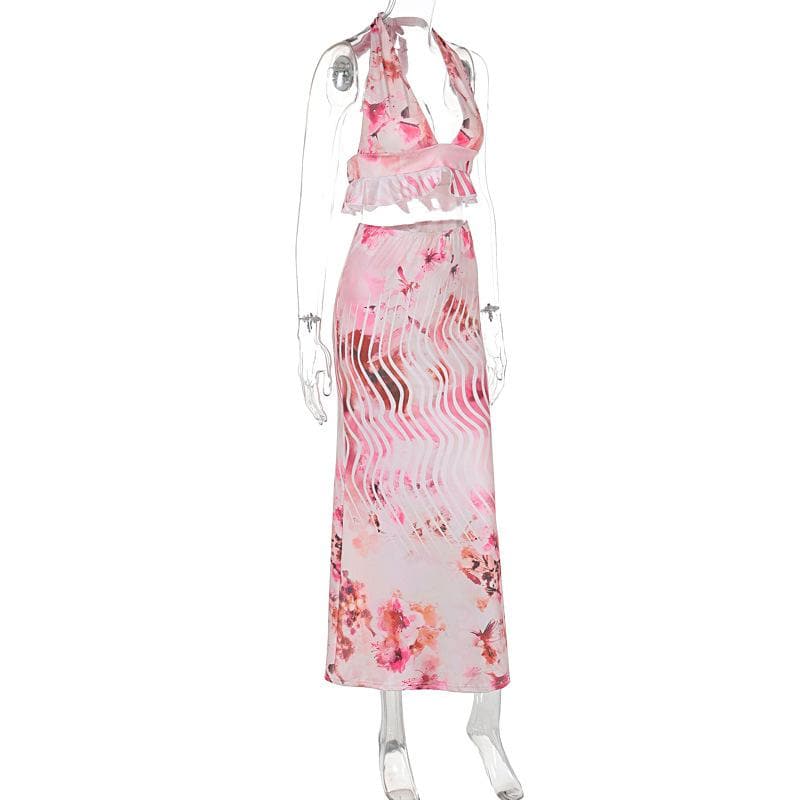 Effortless Chic Pink Floral Halter Crop Top & Maxi Skirt Set - Resort Ready Deep V Ruffle Co-ord for Tropical Getaways