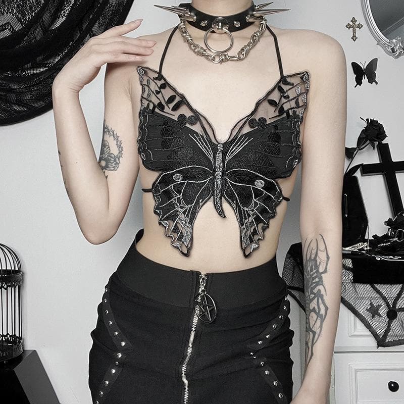 Whimsigoth Embroidered Butterfly Halter Crop Top - Y2K Backless Party & Halloween Ready