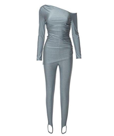 Chic One-Shoulder Ruched Top & Stirrup Leggings Set – Fall & Holiday Party Ready