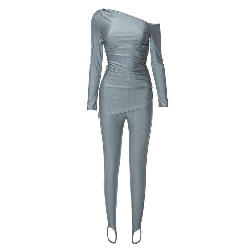 Chic One-Shoulder Ruched Top & Stirrup Leggings Set – Fall & Holiday Party Ready