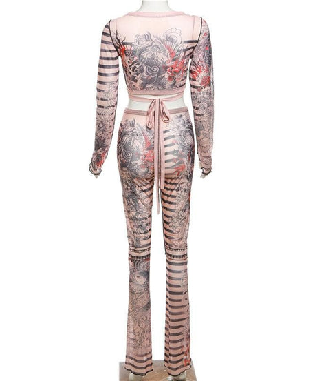 Unleash Your Inner Dragon: Y2K Tattoo Mesh Wrap Top & Flare Pants Set - Fall & Halloween Statement